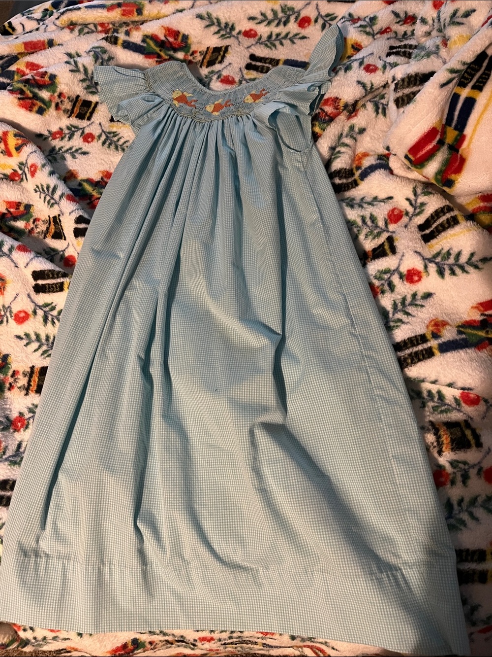 Light Blue Girls' Smocked Dress with fish embroidered